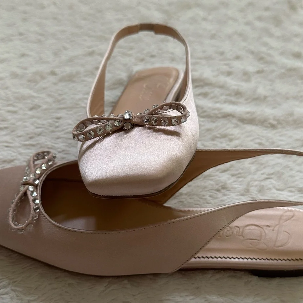 J. Crew Anya Slingback Blush Pink Satin Crystal Bow NWT